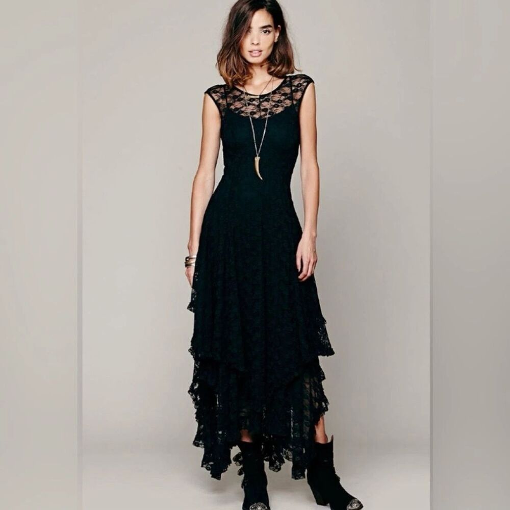 Free People Intimately Black Lace French Courtship Dress Size M/L whimsygoth